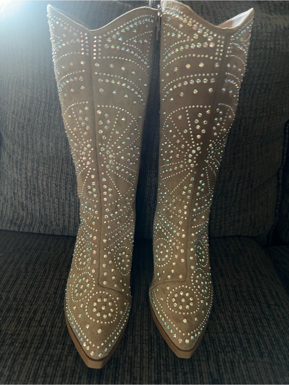 Windsor Tan Rhinestone-Studded Over-the-Knee Boots